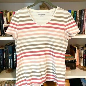 Croft & Barrow Striped Cotton Tee | Neutral Pink Tan White | Size M